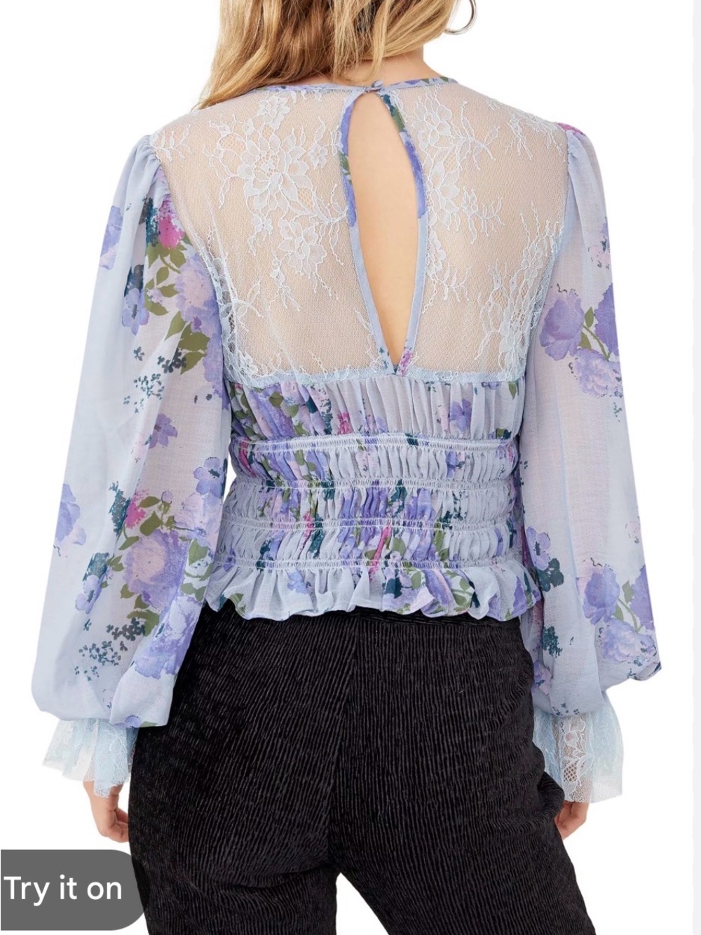 Free People Sheer Lace-Yoke Smocked Floral Blouse in Light Blue - Picture 2 of 11